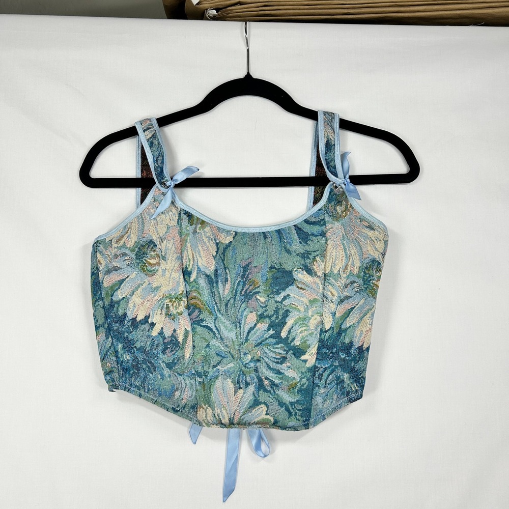 Vintage Style Blue Floral Tapestry Corset Top – Satin Ribbon Ties – Fits Small